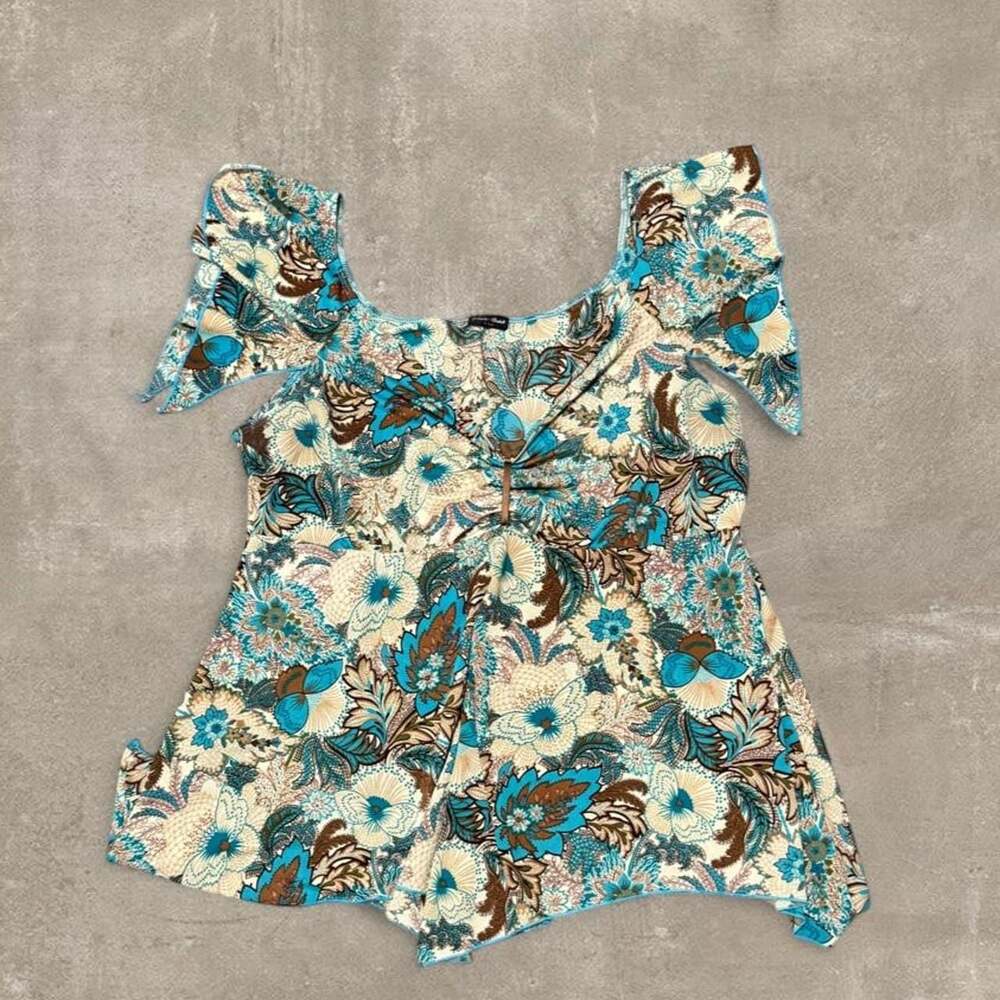 Julie's Closet Y2K Floral Babydoll Top Asymmetrical Flowy Sleeves